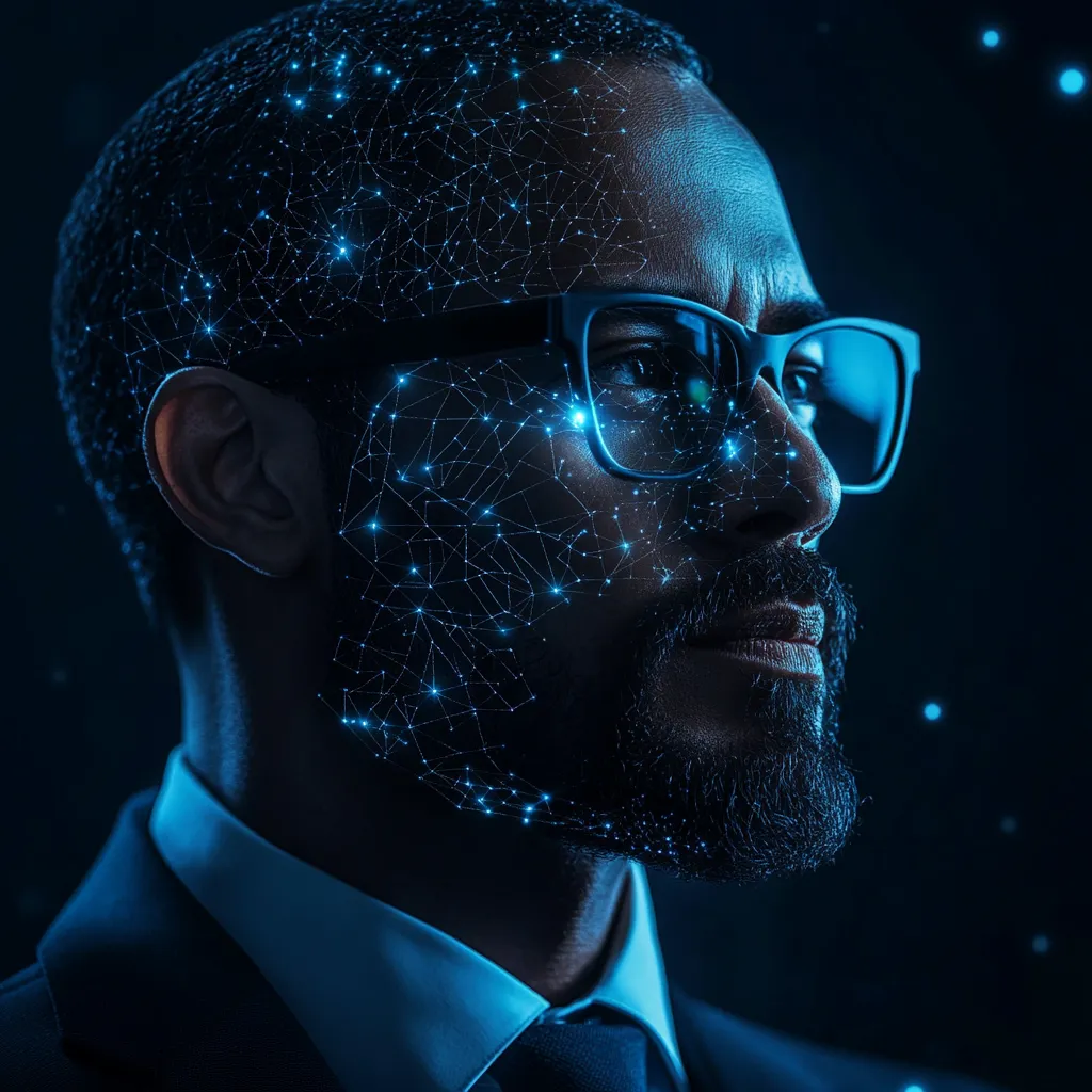 A dark skin man with sunglasses and suit in a matrix-like situation