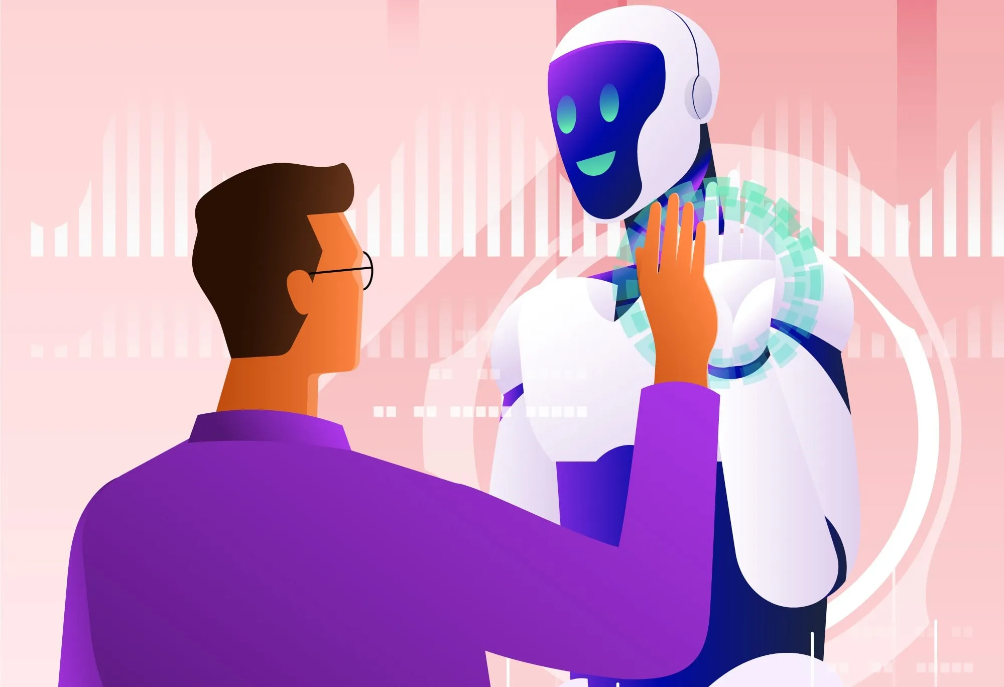 Man touching hands with robot graphic 