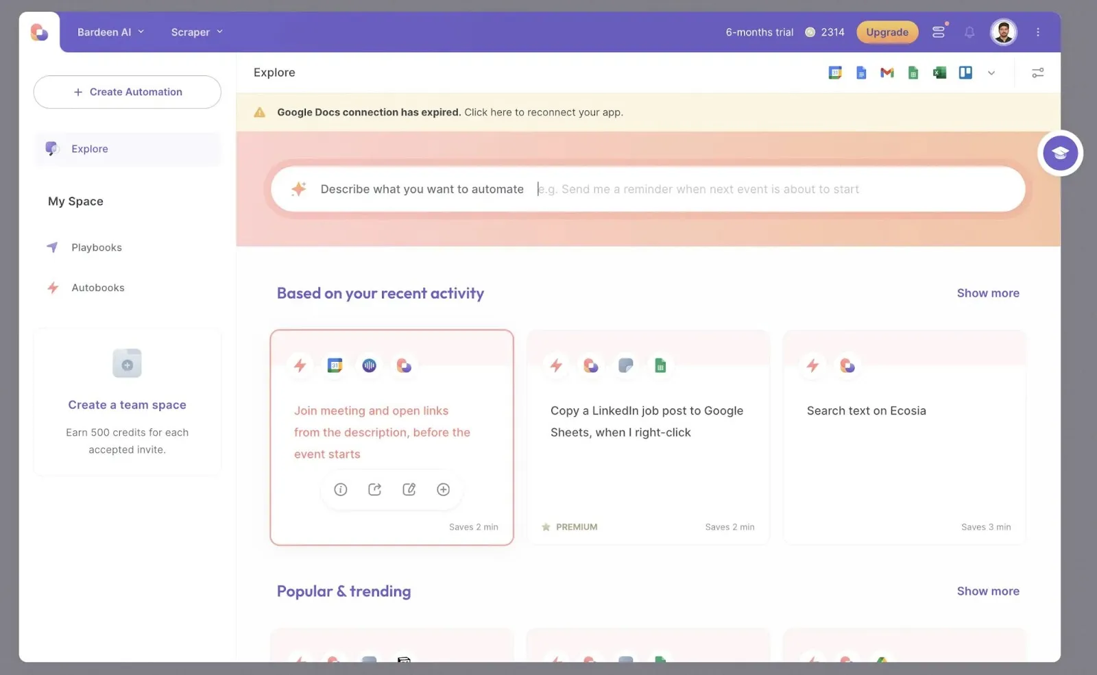 Bardeen AI dashboard