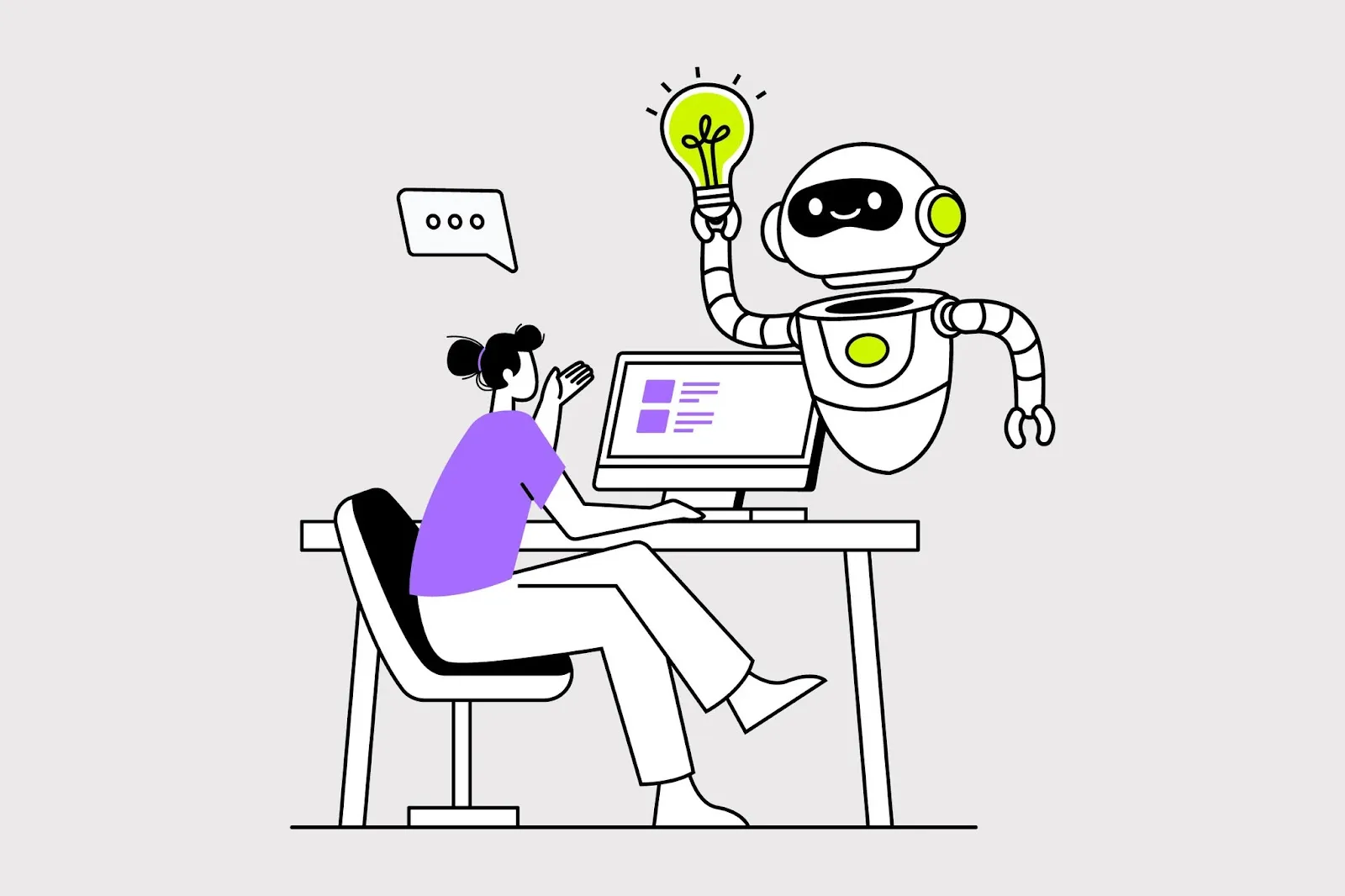 woman in purple shirt sitting on shair with computer on desk talking to a robot floating in the air