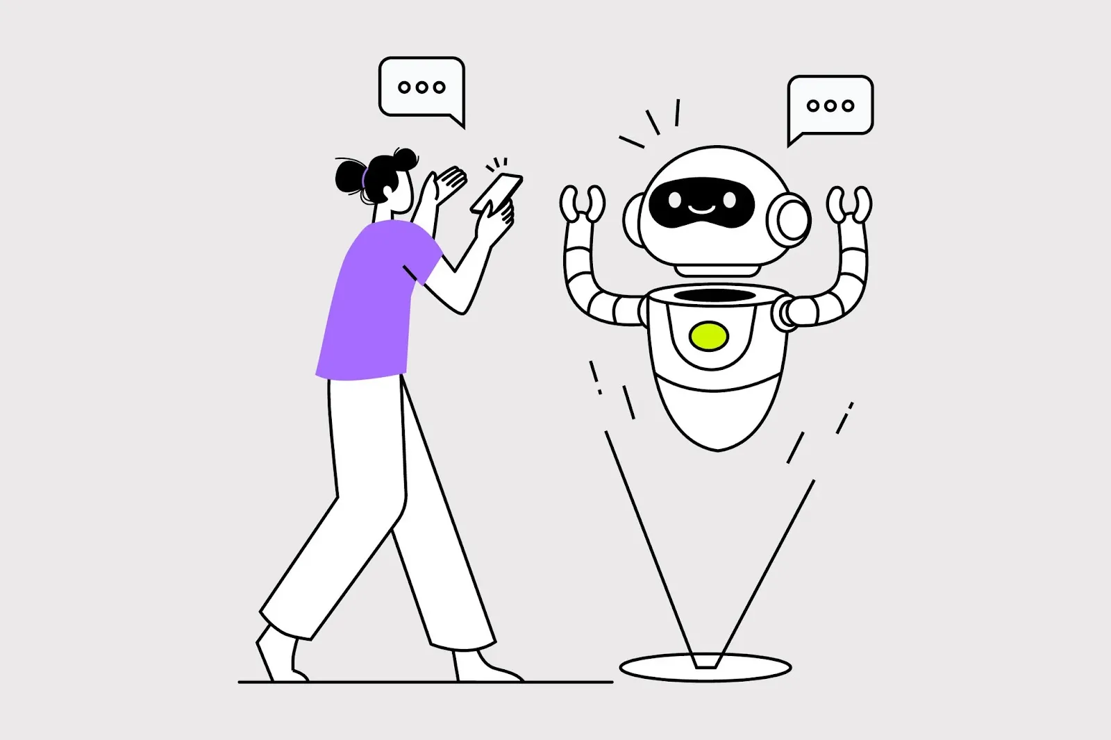 woman in purple shirt talking to robot