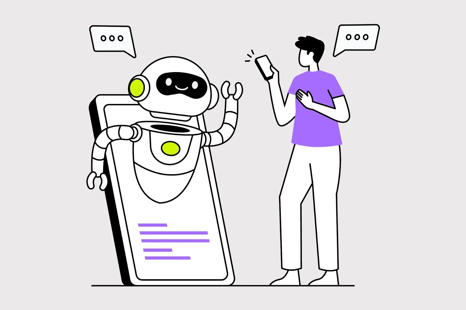 ai agent coming out of smartphone with person in purple shirt summoning it