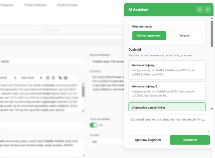 Screenshot of an AI Assistant interface with content generation options and fields for product description inputs in the PLGGR | PIM.