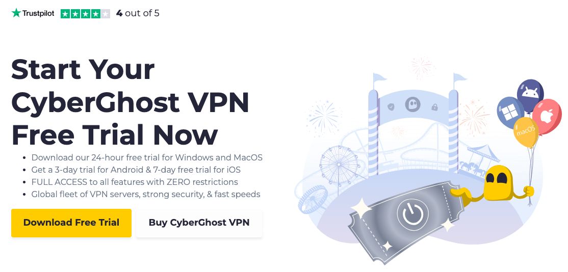 CyberGhost (1–7 day trial varies by device) / Source: SafePaper (EZ Newswire)