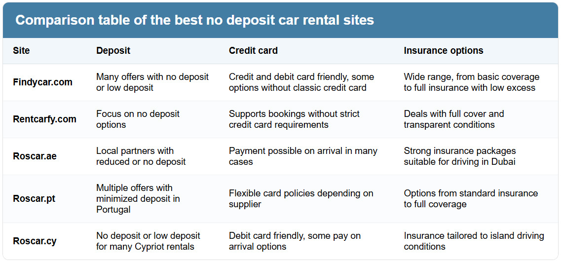 Comparison table of the best no-deposit car rental sites / Source: Rostyslav.com (EZ Newswire)