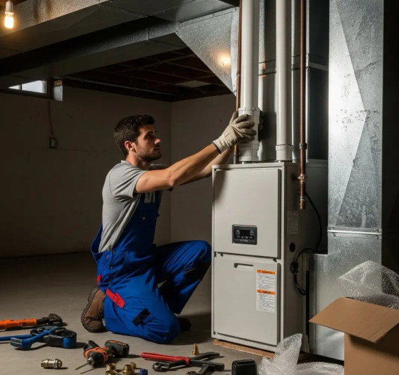 A technician installing an HVAC system in a basement / Source: Hotwire Pro Services (EZ Newswire)