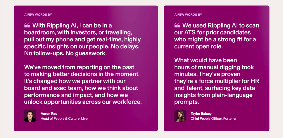 A page from Rippling’s State of AI Research showcasing two quotes from real customers talking about how they use Rippling AI in their HR teams. 