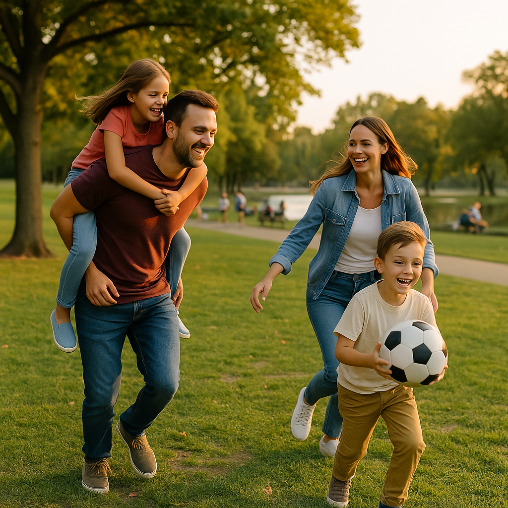 Happy Fairfax County family enjoying weekend activities at local park thanks to time saved with laundry delivery service