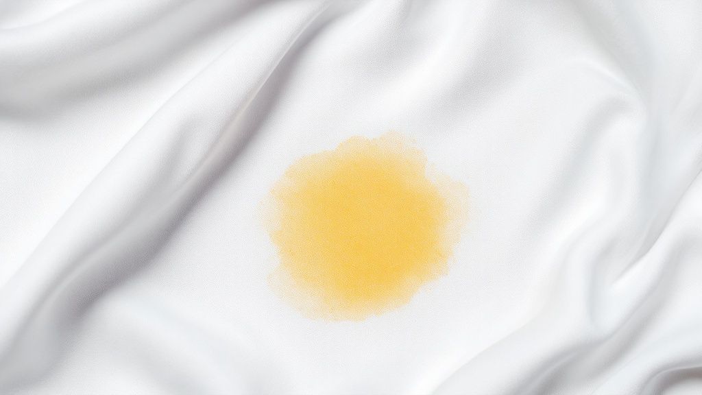 A close-up of a yellow armpit stain on a white t-shirt.