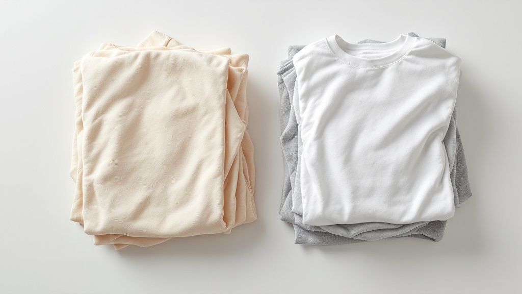 Pile of clean folded clothes with a laundry basket nearby