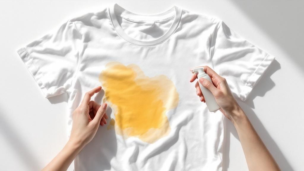 A person holding a white t-shirt with a visible yellow sweat stain under the armpit.