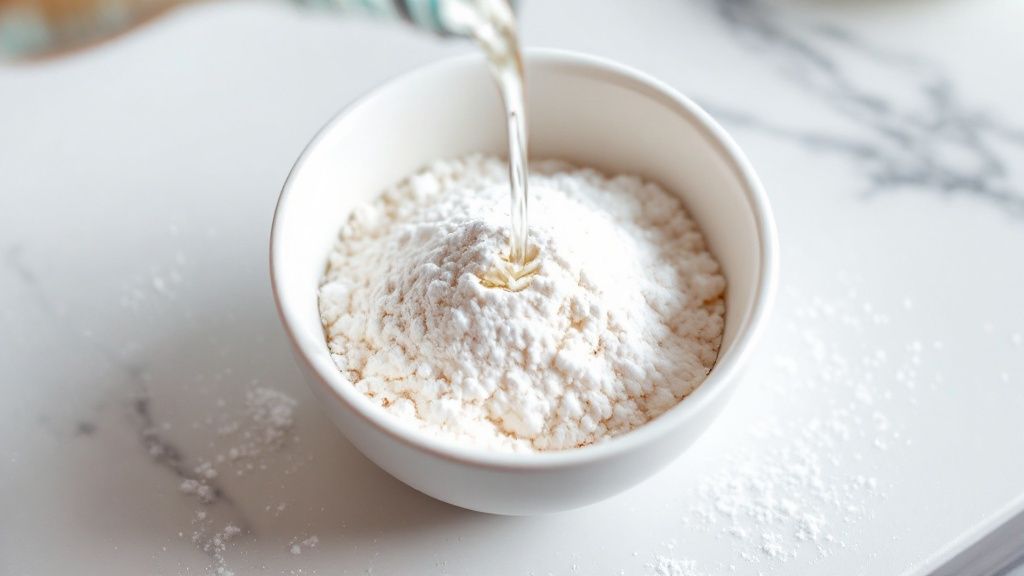 Person mixing baking soda and water in a small bowl to create a stain-removing paste.