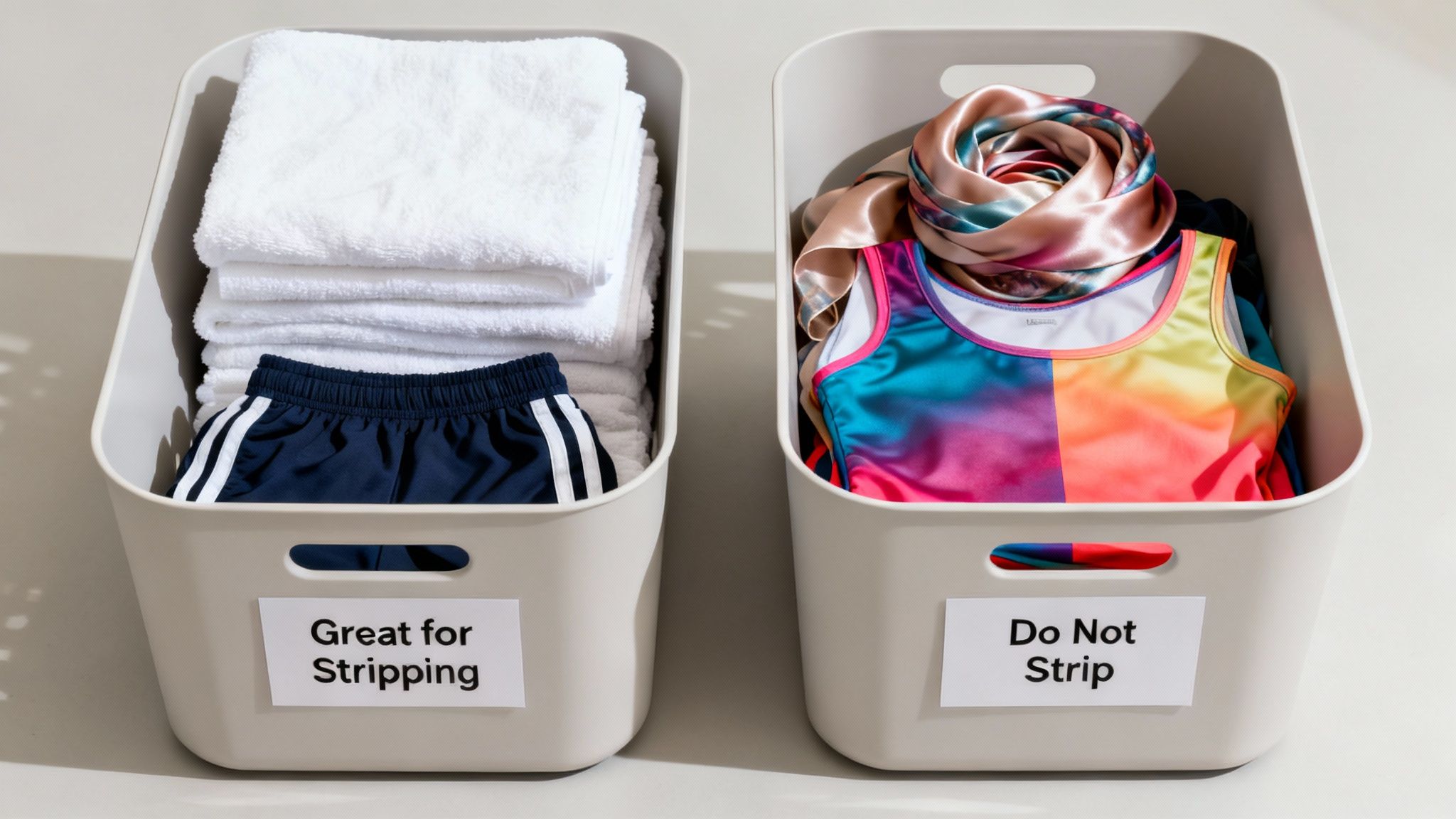 A neatly folded stack of white towels and sheets next to a pile of delicate clothes like silk and wool.