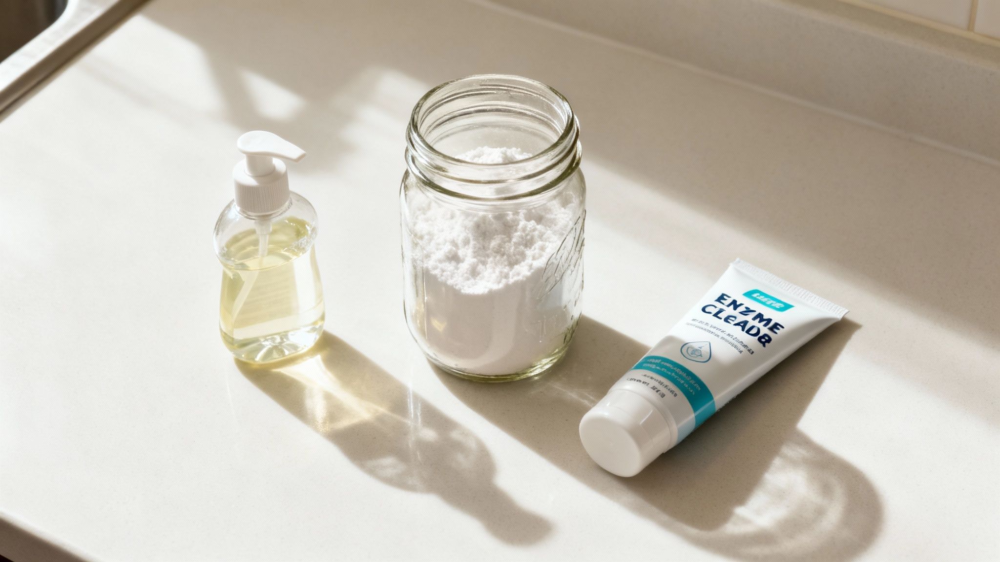 A collection of various stain removers, including a spray bottle, dish soap, and a box of baking soda.