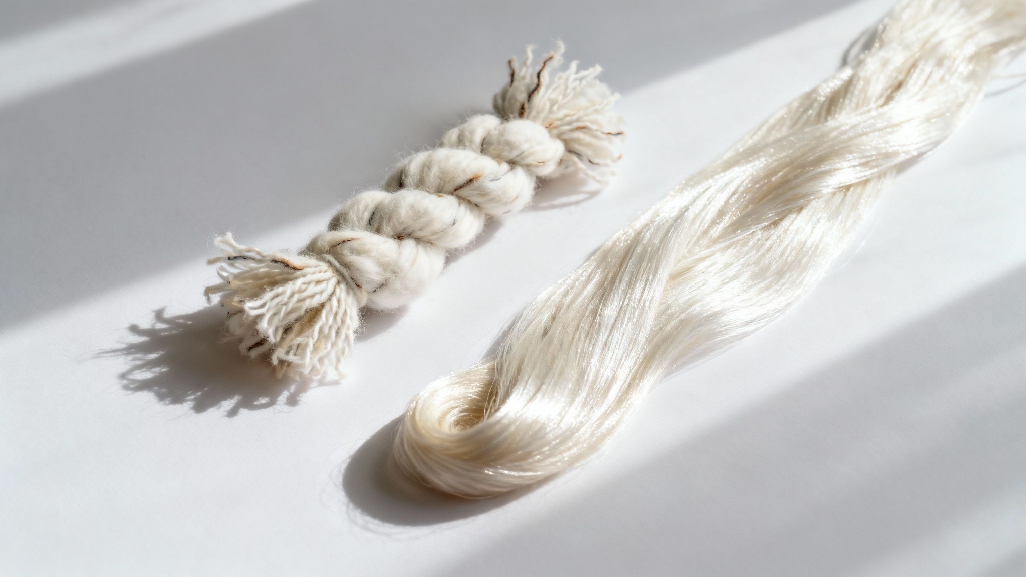 A close-up of different fabric textures, including wool, cotton, and silk, showing variations in weave and fiber.
