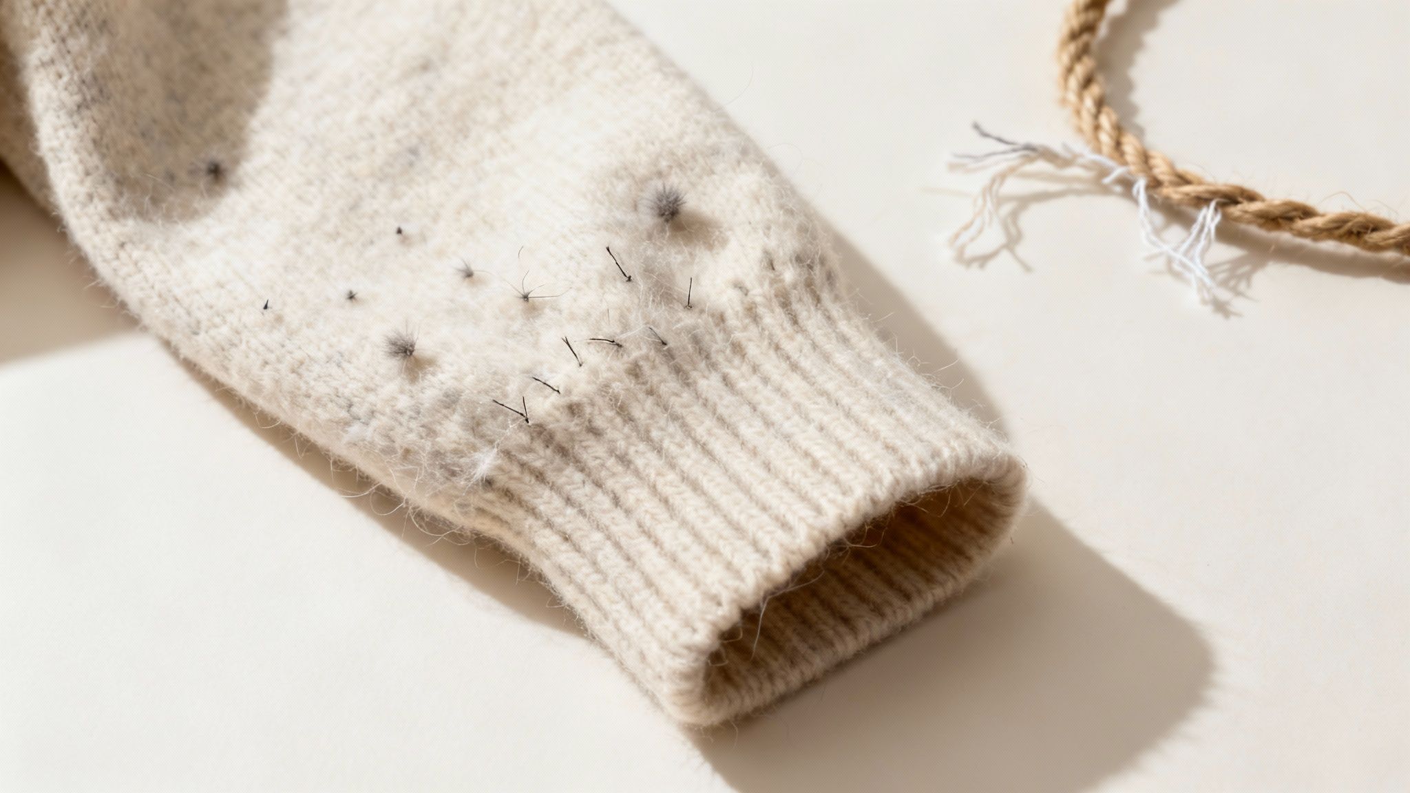 A close-up view of fabric pilling on a gray sweater, showing small tangled balls of fiber.