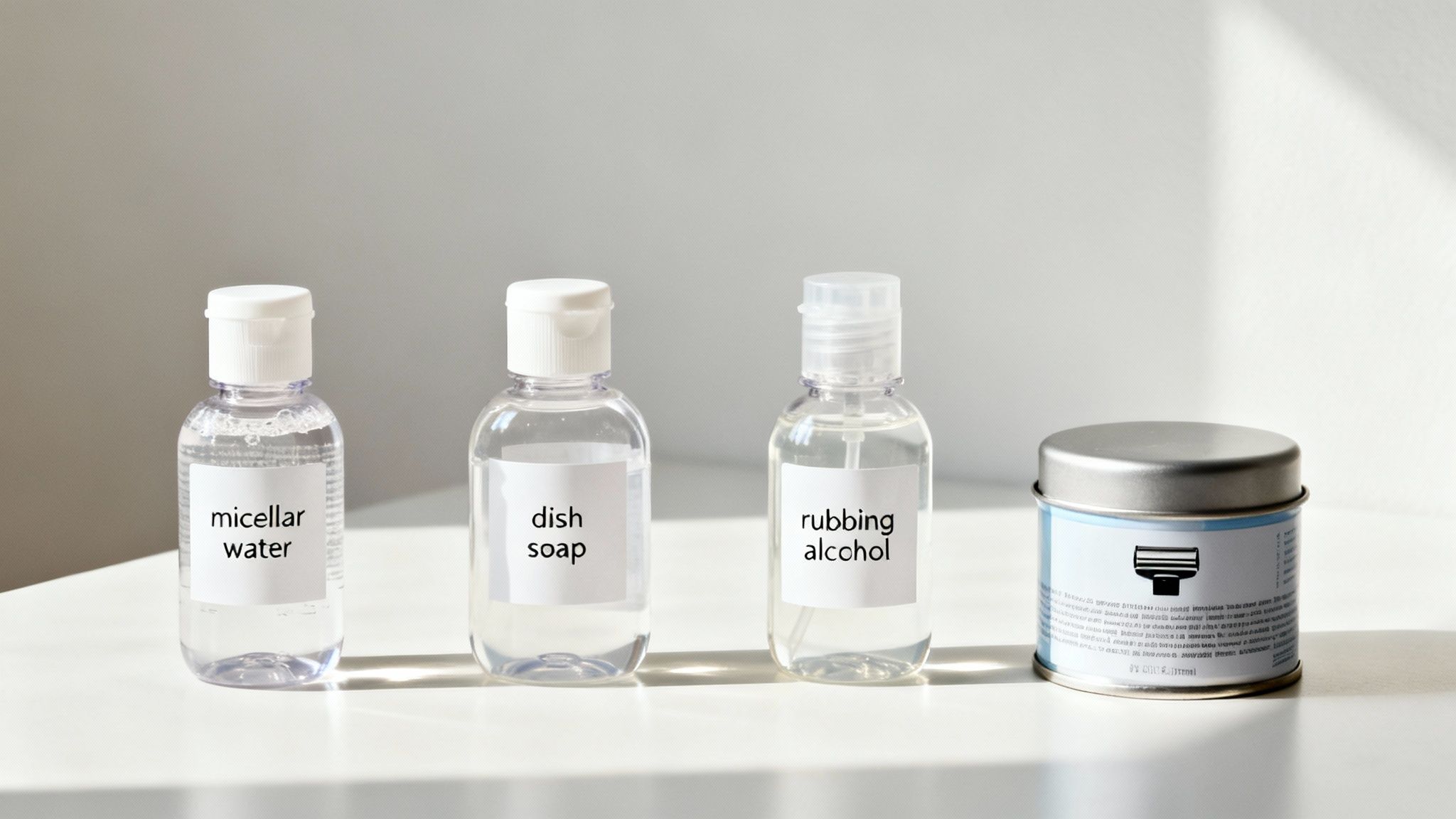 Several bottles of foundation next to various stain-fighting solutions like dish soap and micellar water