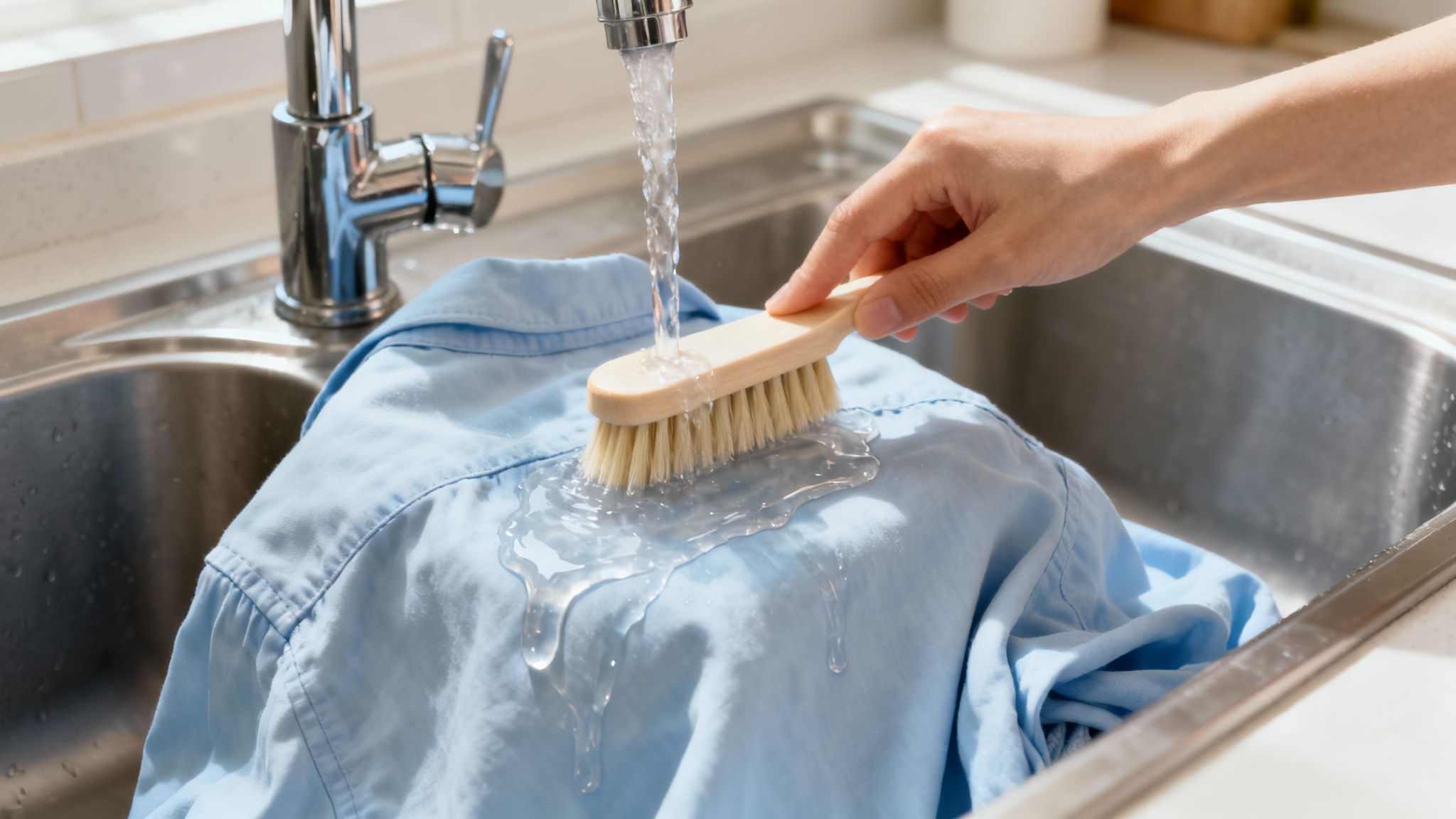 A person rinsing the back of a stained white shirt under a cold water tap