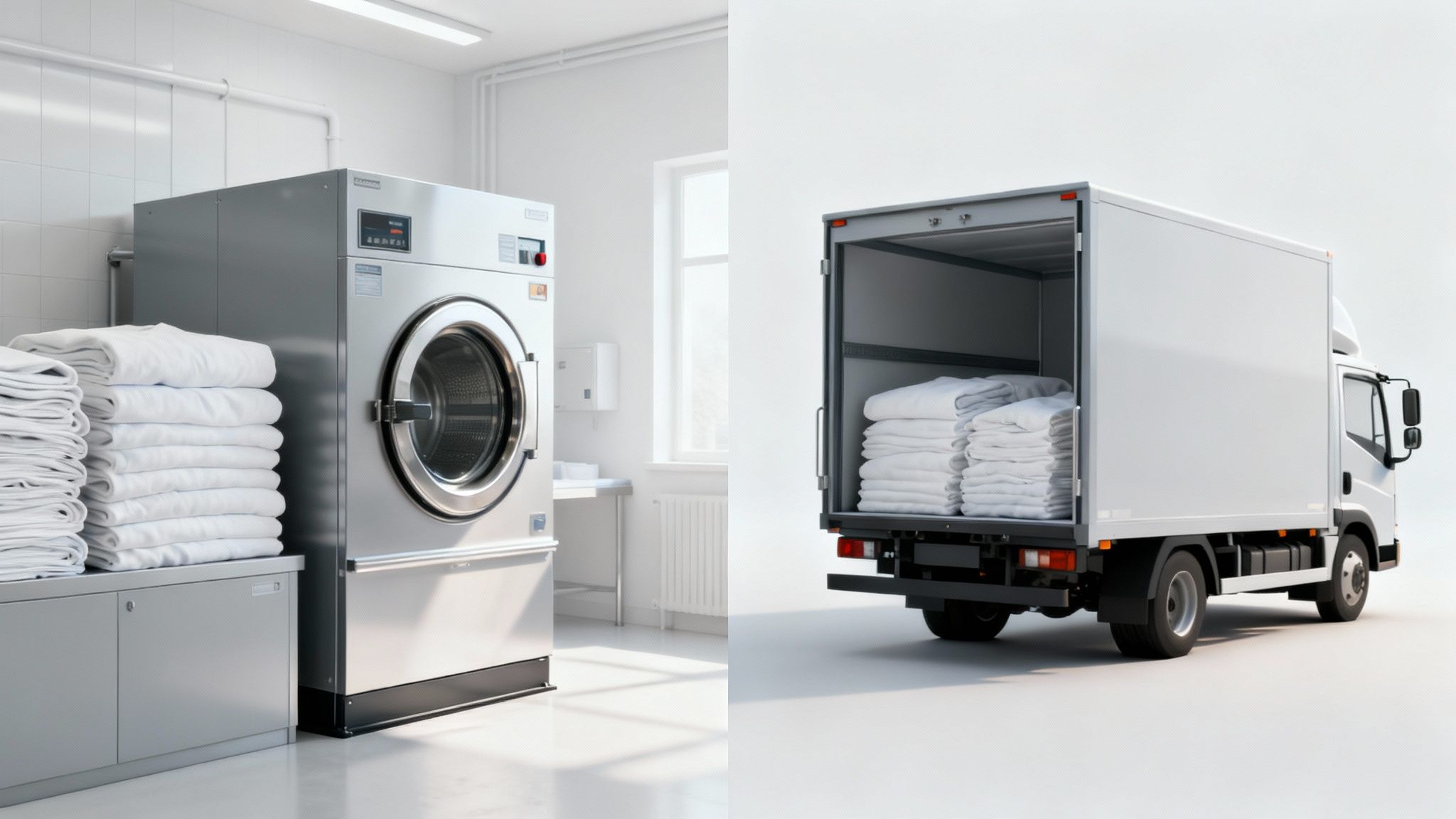 A clean, organized commercial laundry facility with industrial washers and dryers, representing a laundry hotel service.