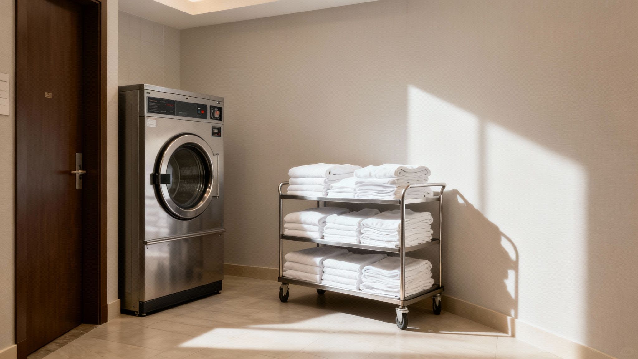 A stack of fresh, clean white towels in a modern laundry room, representing hotel laundry service.