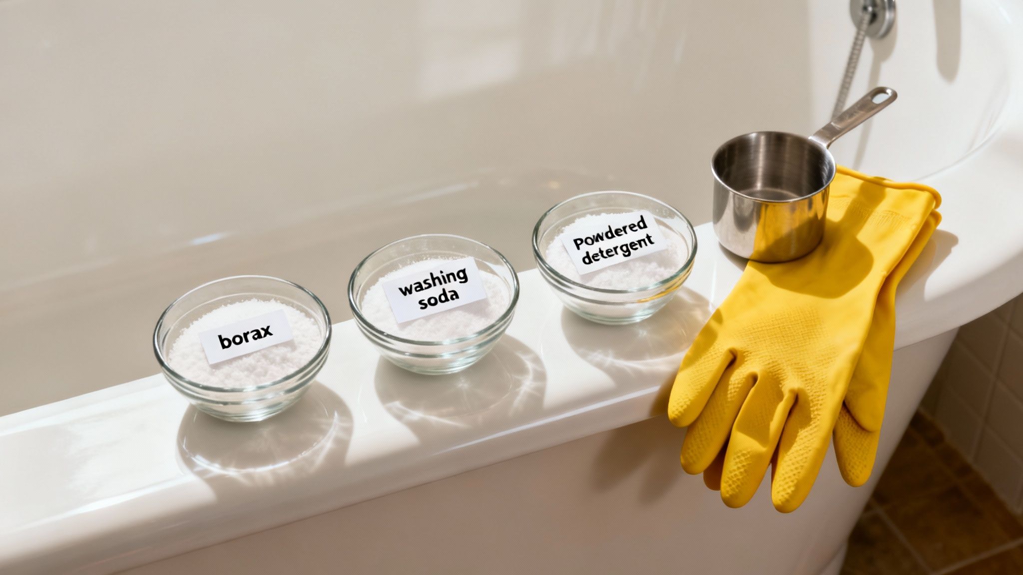 A collection of laundry stripping ingredients like borax and washing soda on a clean surface.