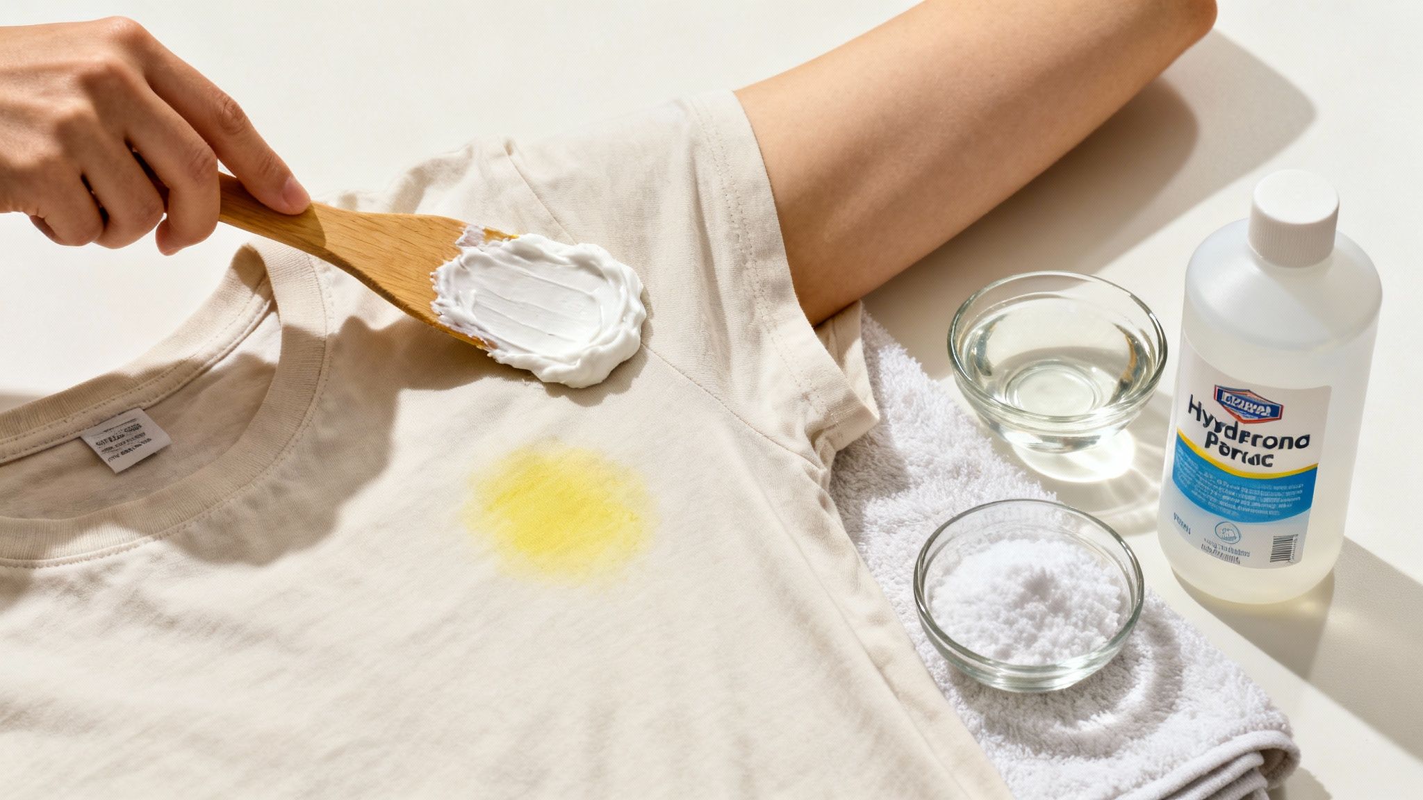 Hands mixing a baking soda paste in a bowl, a common home remedy for stains.