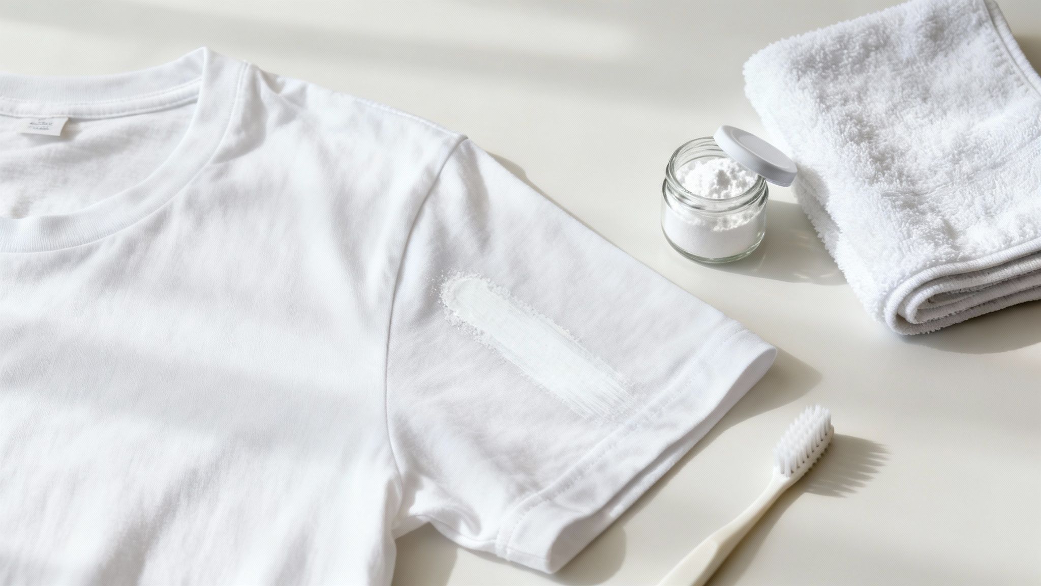 A white shirt with a deodorant stain in the armpit area, with cleaning products nearby.