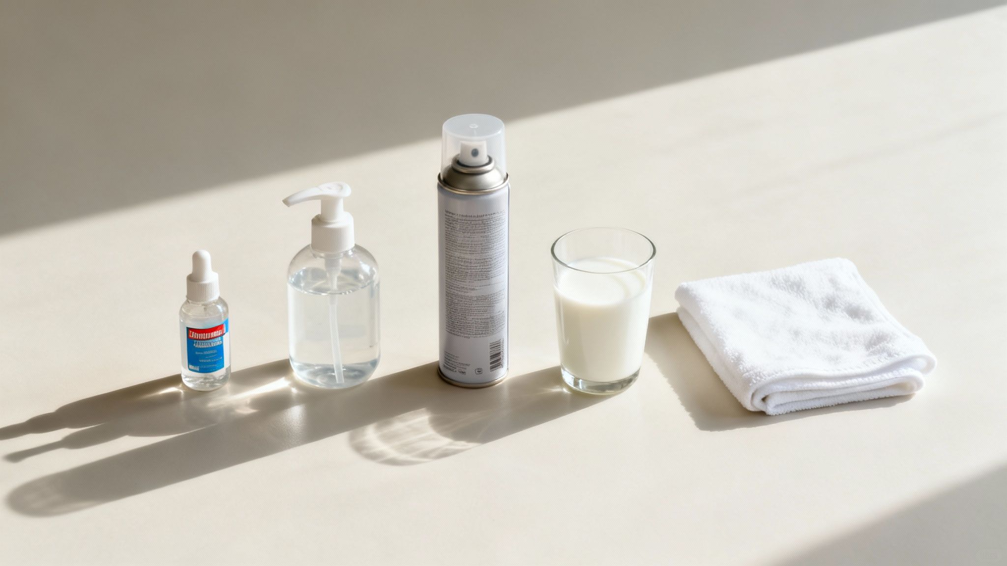 A clean cloth blotting an ink stain on a white t-shirt, with a bottle of rubbing alcohol nearby.