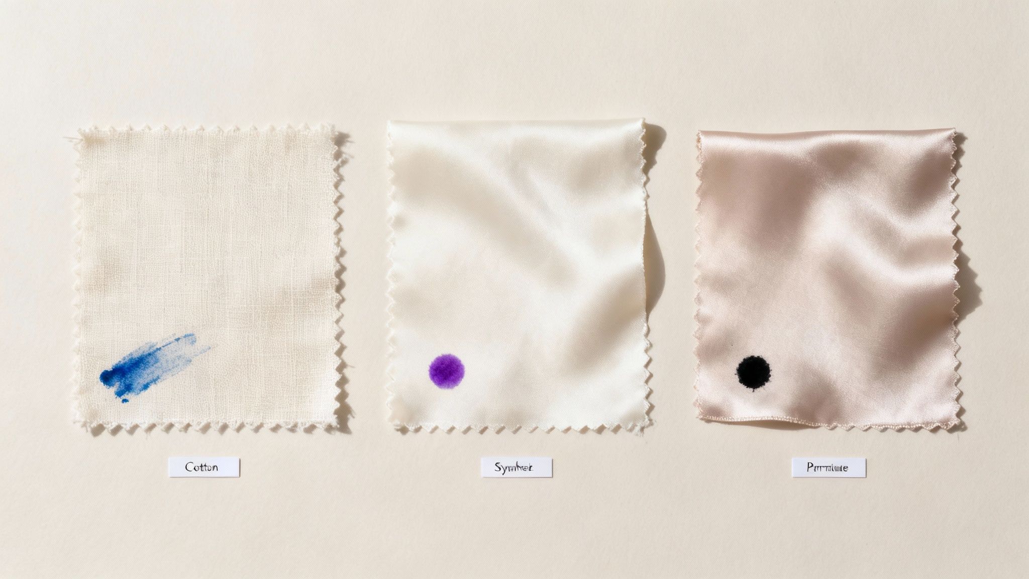 A close-up of different fabric swatches, including cotton, silk, and synthetic materials, laid out next to various pens.