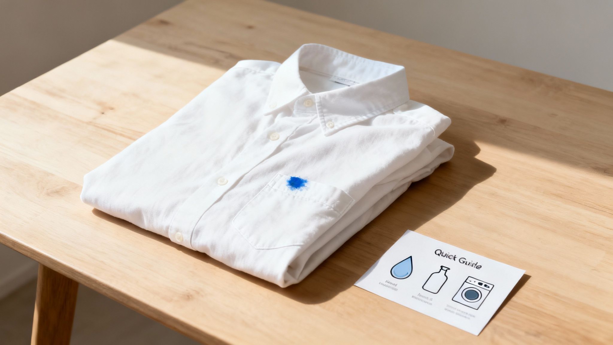 A person using a cotton swab to apply a cleaning solution to an ink stain on a white shirt