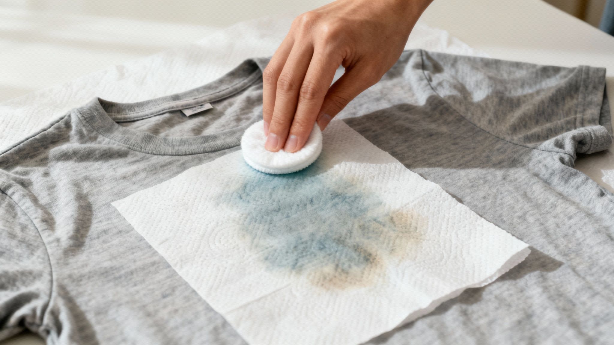 A person applying a cleaning solution to a lipstick stain on a white garment.