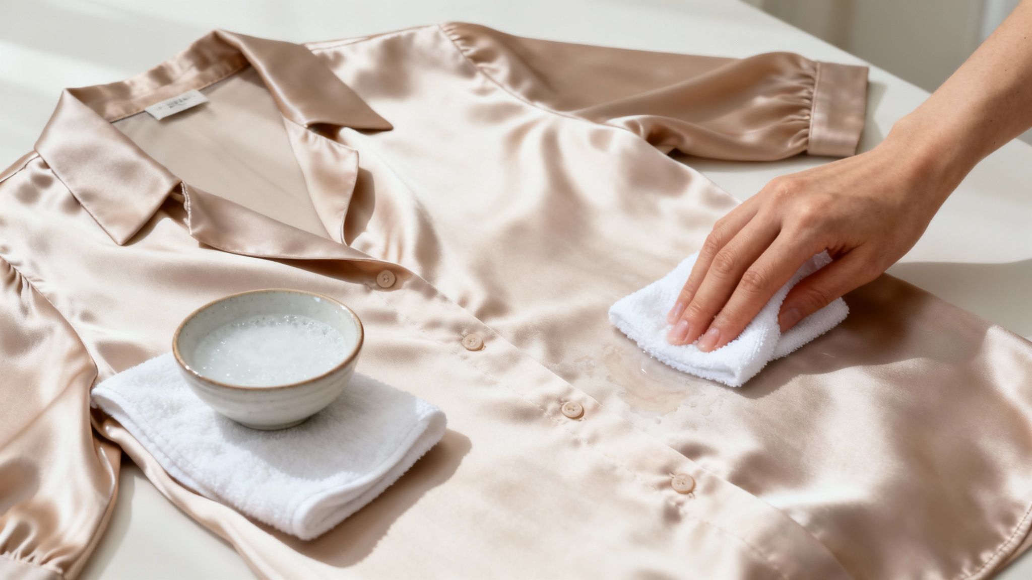 A close-up shot of a delicate silk blouse on a hanger.