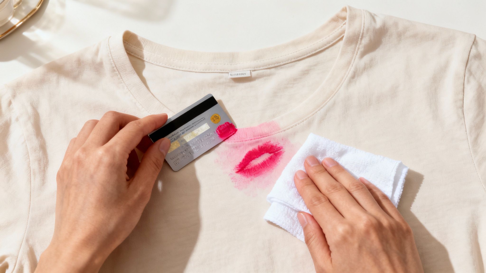 A person gently dabbing a lipstick stain on a white shirt with a cloth.