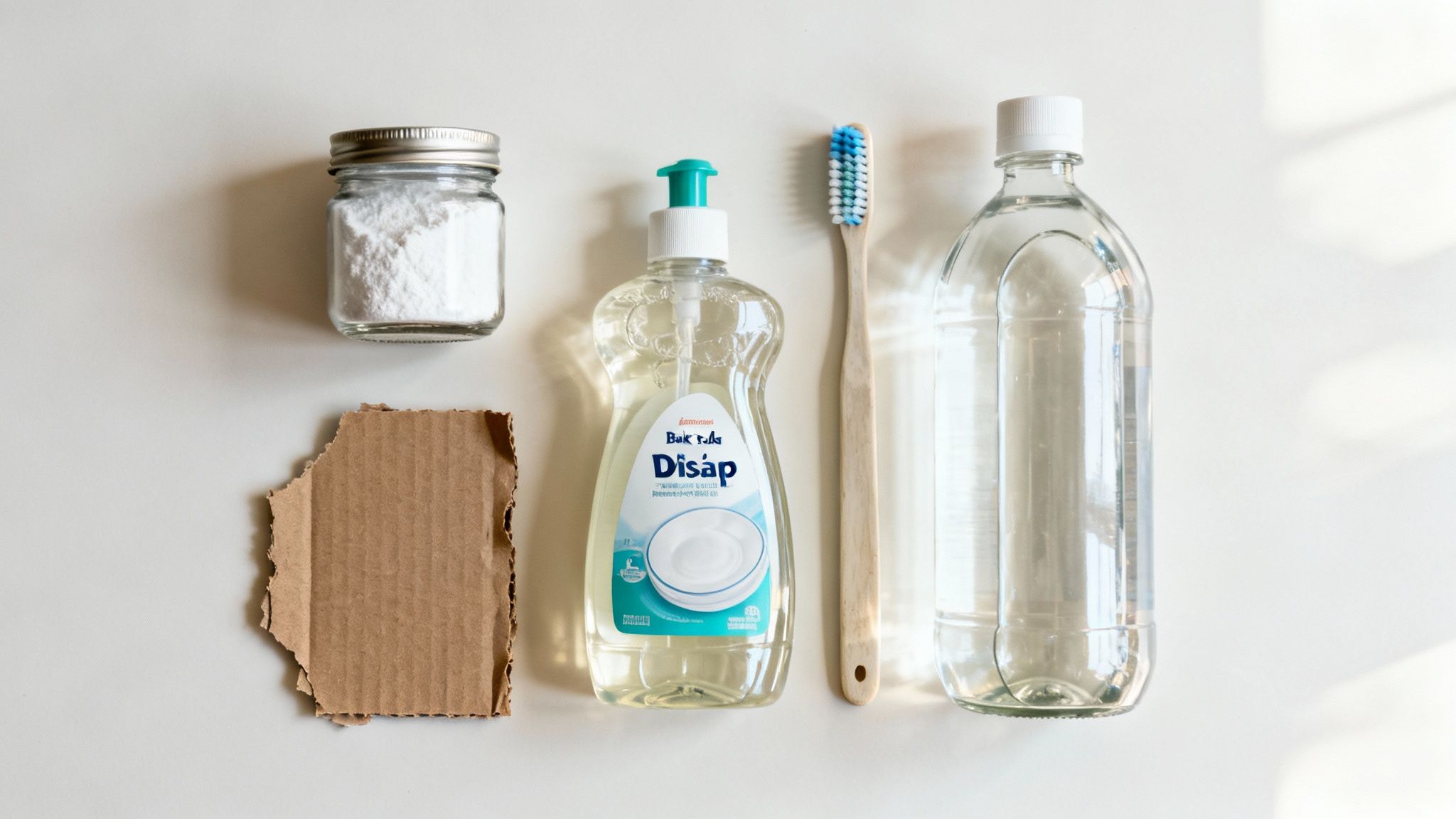 Household items like baking soda, dish soap, and vinegar arranged as a stain-fighting toolkit.