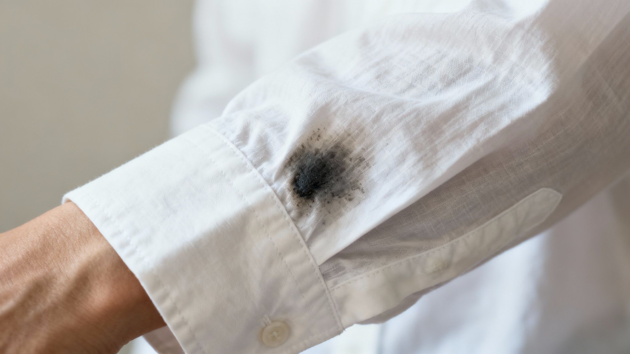 A set-in grease stain on a white t-shirt before treatment.
