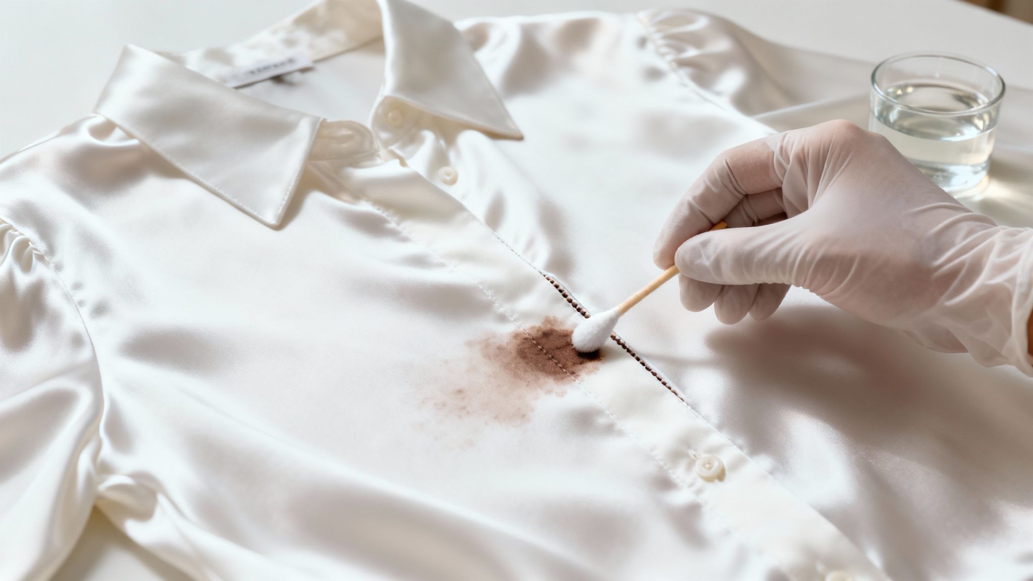 A person carefully blotting a hot chocolate stain on a delicate silk blouse.