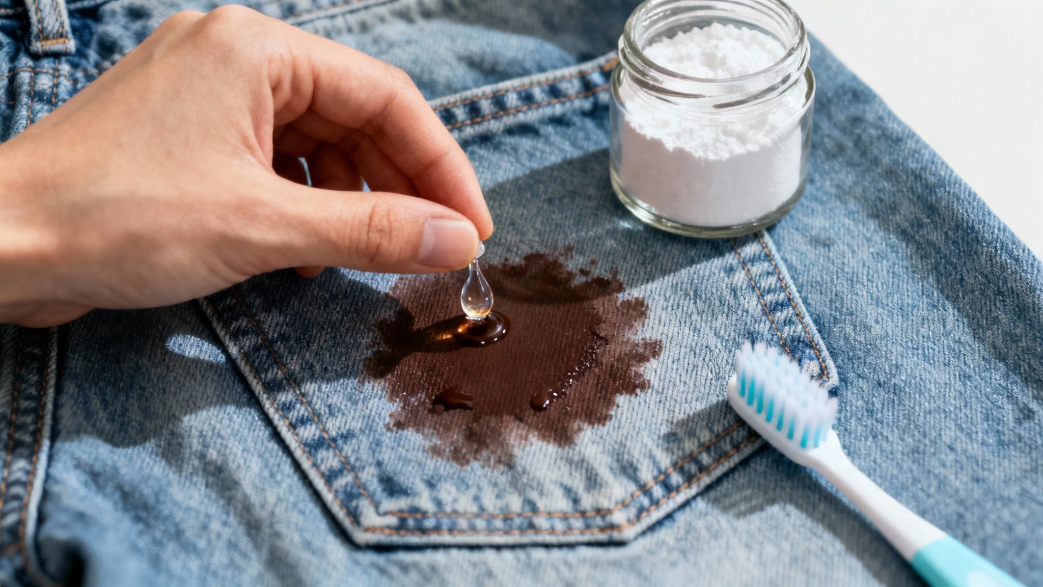 A person applying liquid detergent directly onto a hot chocolate stain on a white t-shirt.