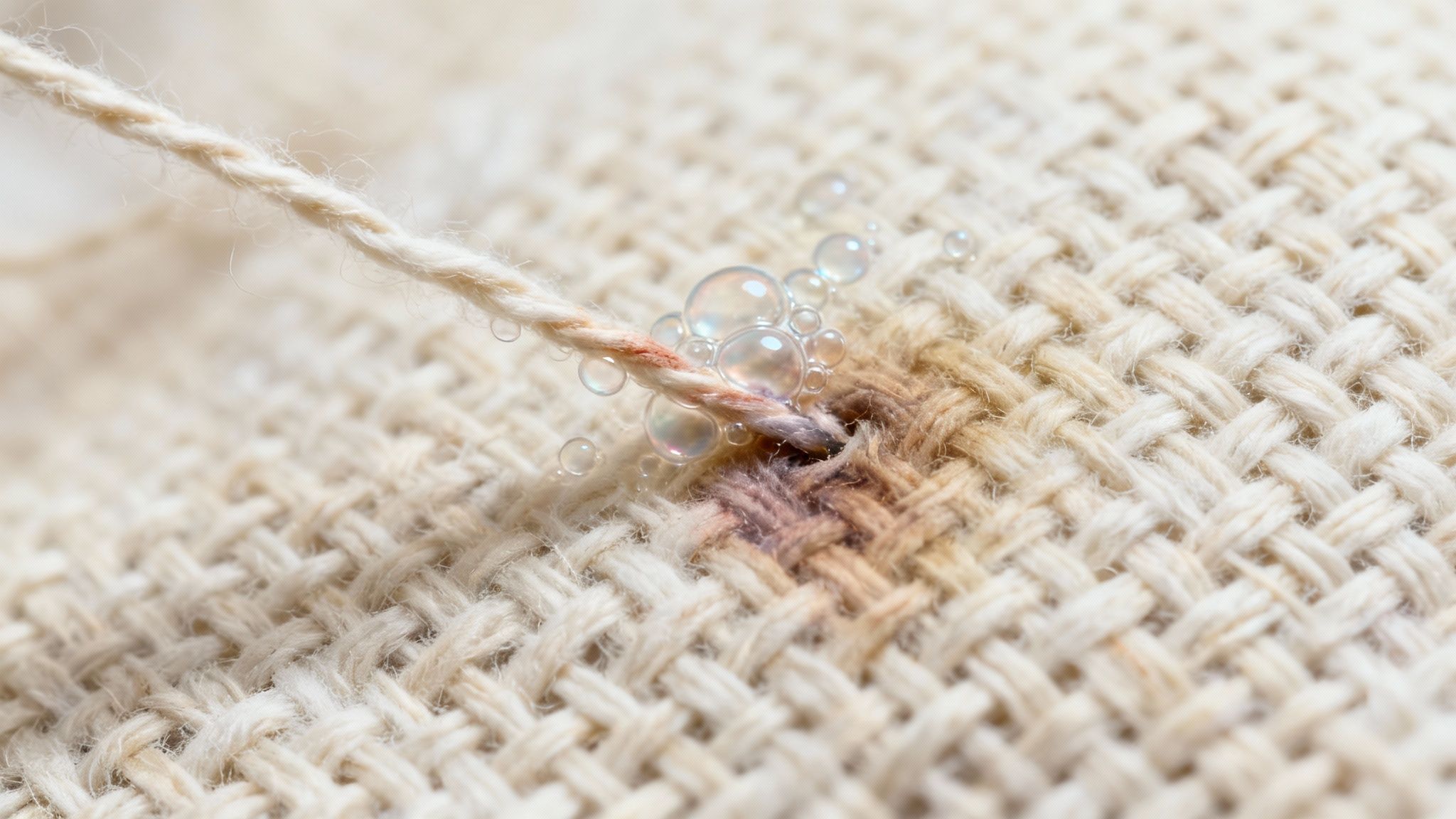 A microscopic view showing bubbles of hydrogen peroxide interacting with fabric fibers.