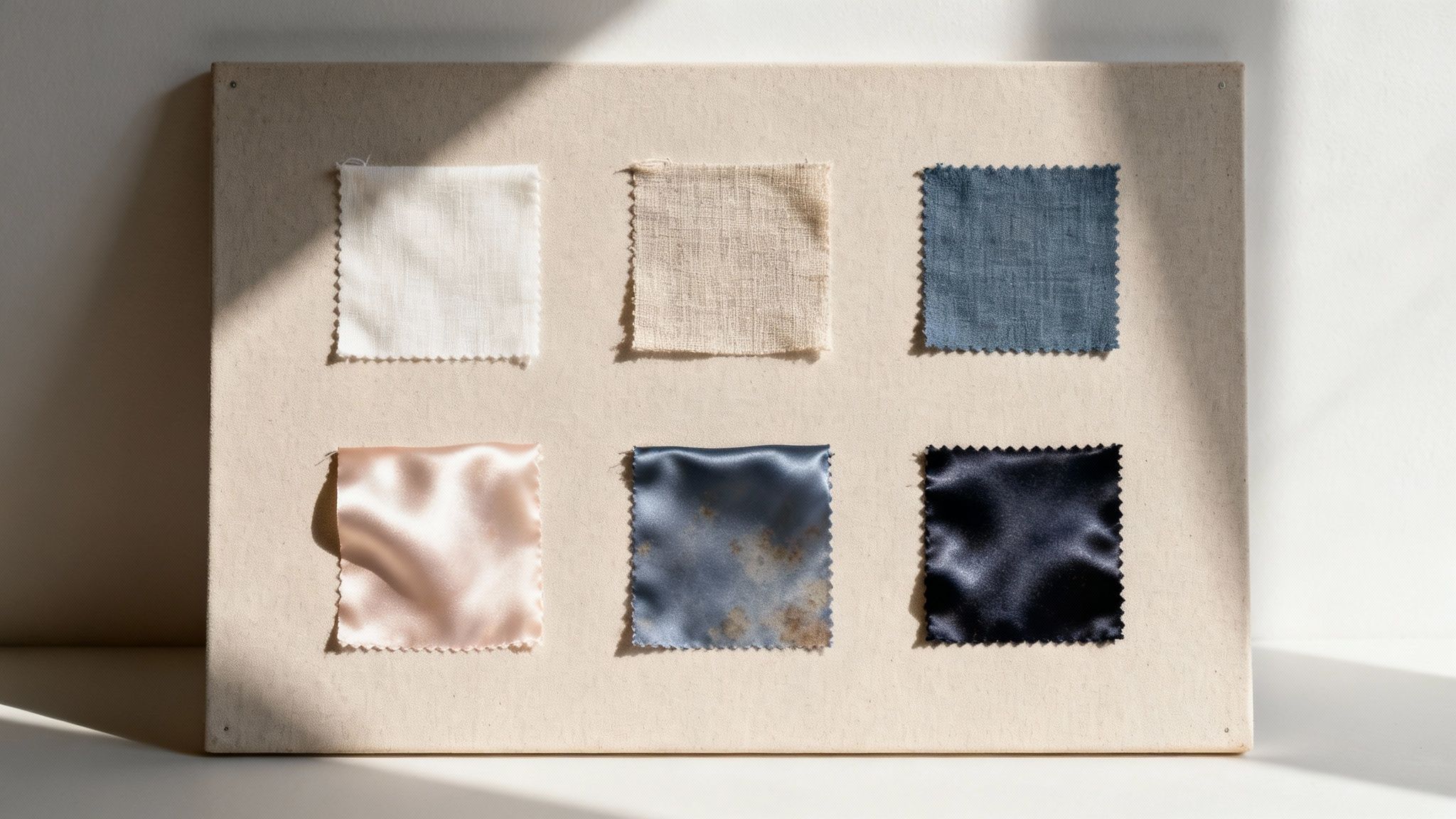 A close-up of different fabric swatches, including cotton, silk, and wool, showing various textures and colors.