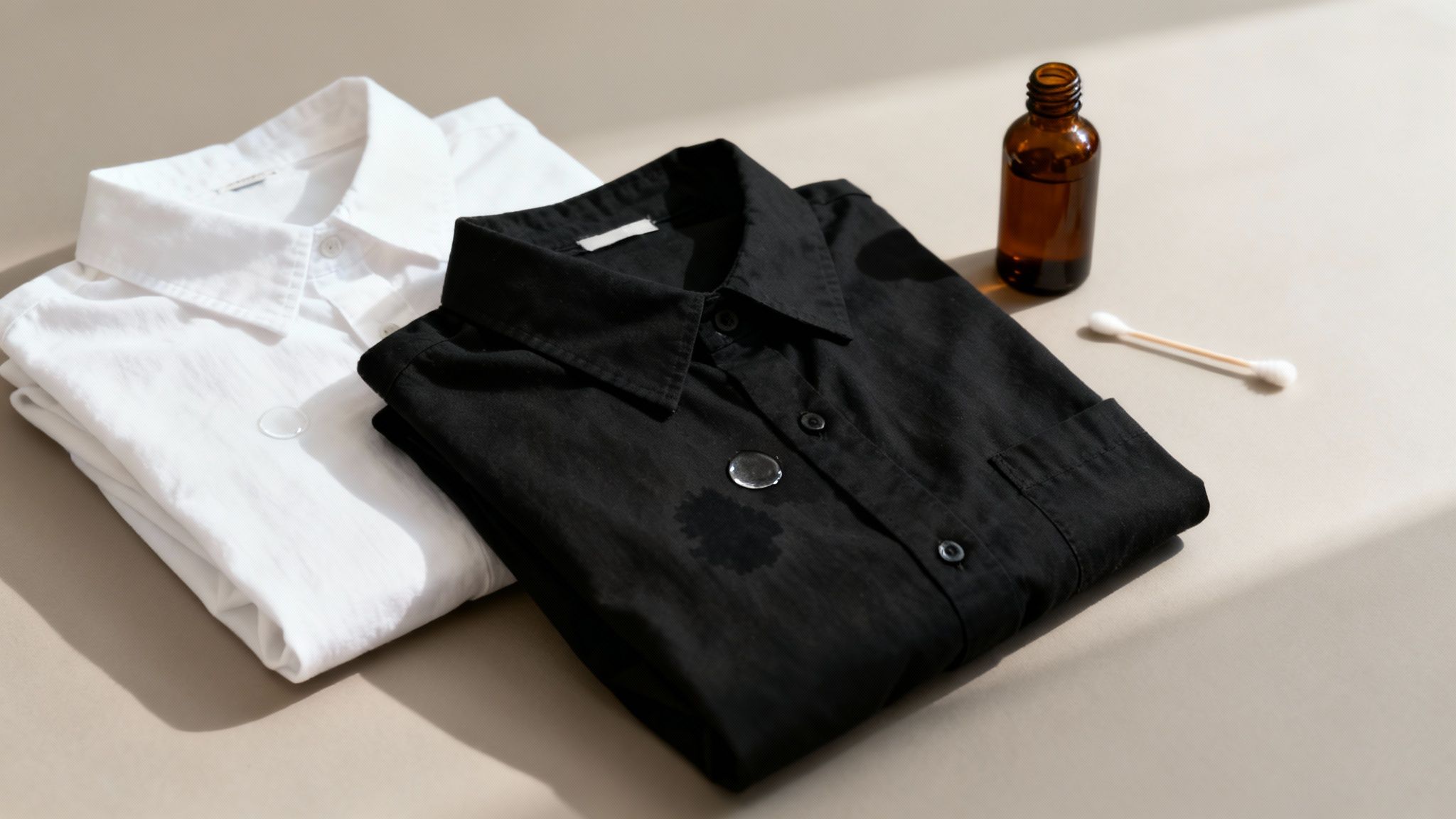 A person carefully applying hydrogen peroxide to a white shirt to remove a stain.