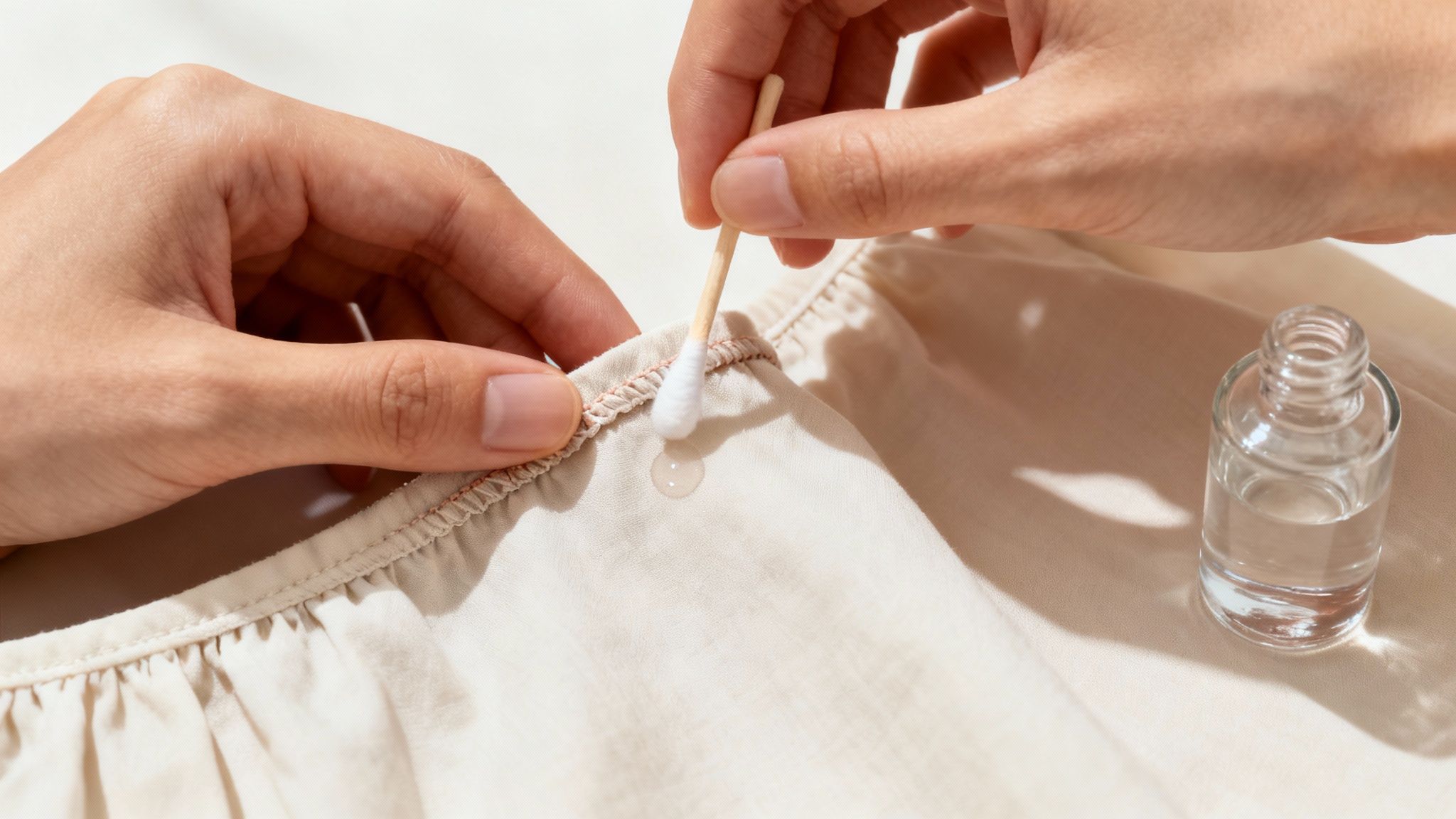 A person using a cotton swab to apply a small amount of liquid to the in-side seam of a piece of clothing.