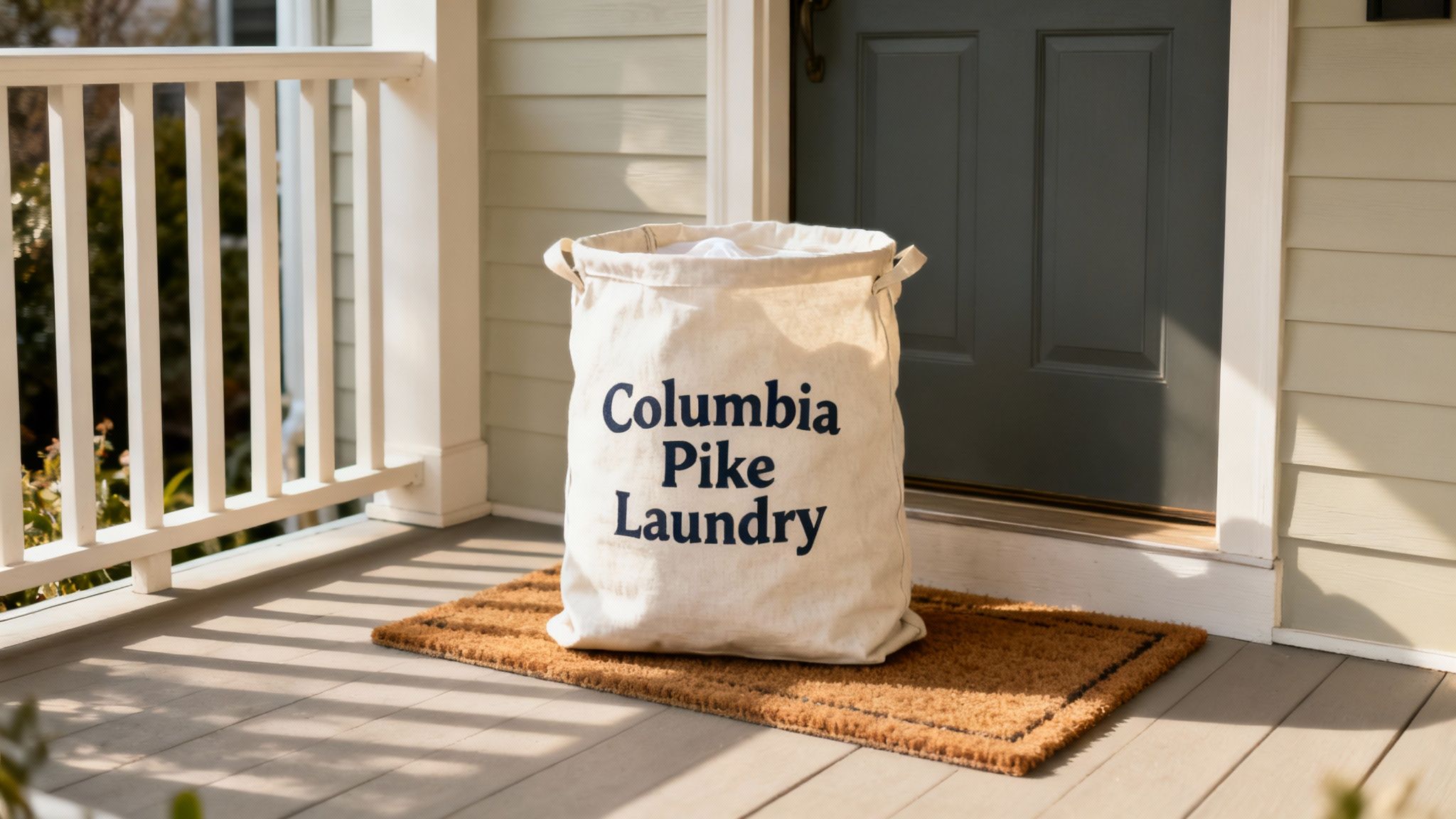 A person smiling while holding a basket of freshly folded laundry, showcasing the convenience of a laundry pick up and delivery service.