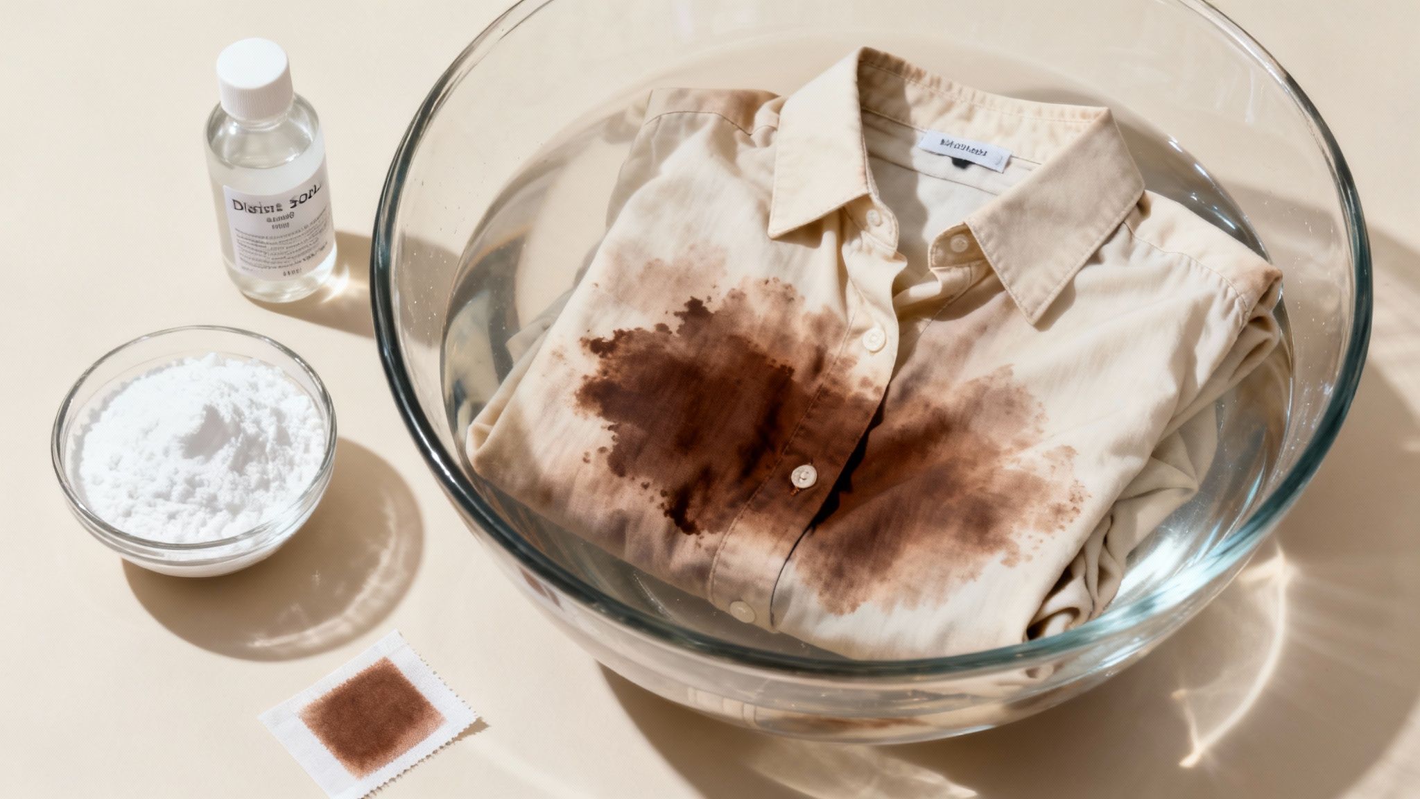 A stained piece of clothing soaking in a clear bowl of water.