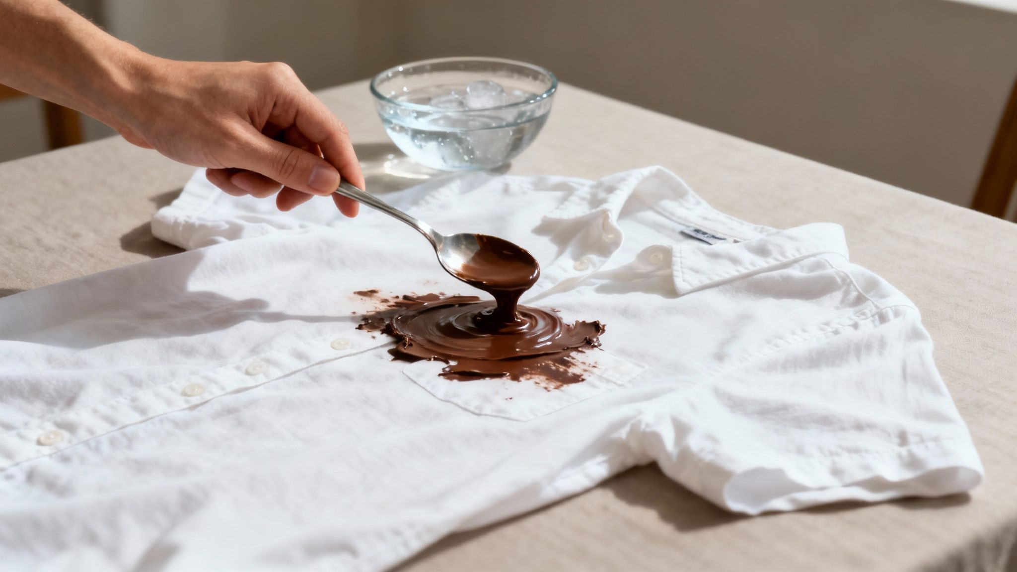 A person using a spoon to carefully scrape a chocolate stain off a white t-shirt.