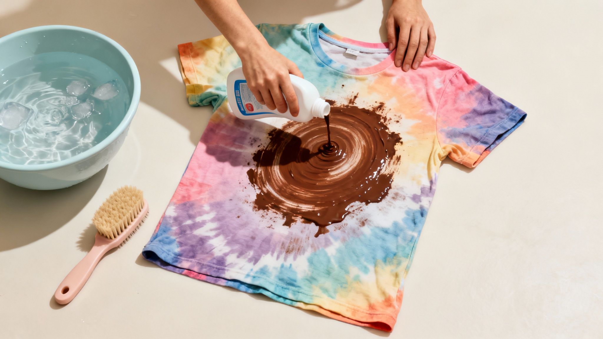 A person applying liquid laundry detergent to a white t-shirt.