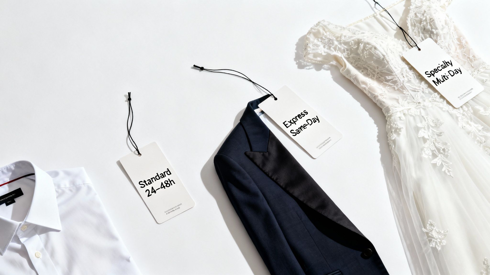 A neatly organized dry cleaning rack with various garments ready for pickup.