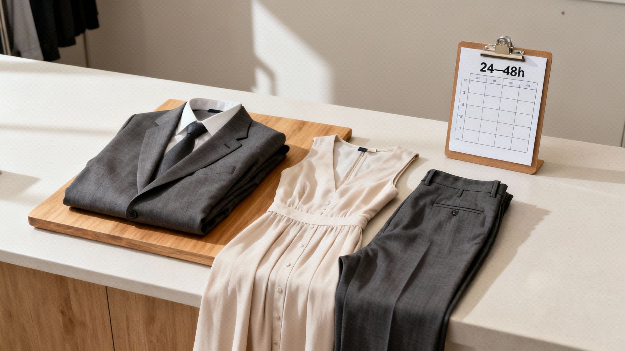 A person hanging freshly dry-cleaned clothes on a rack.