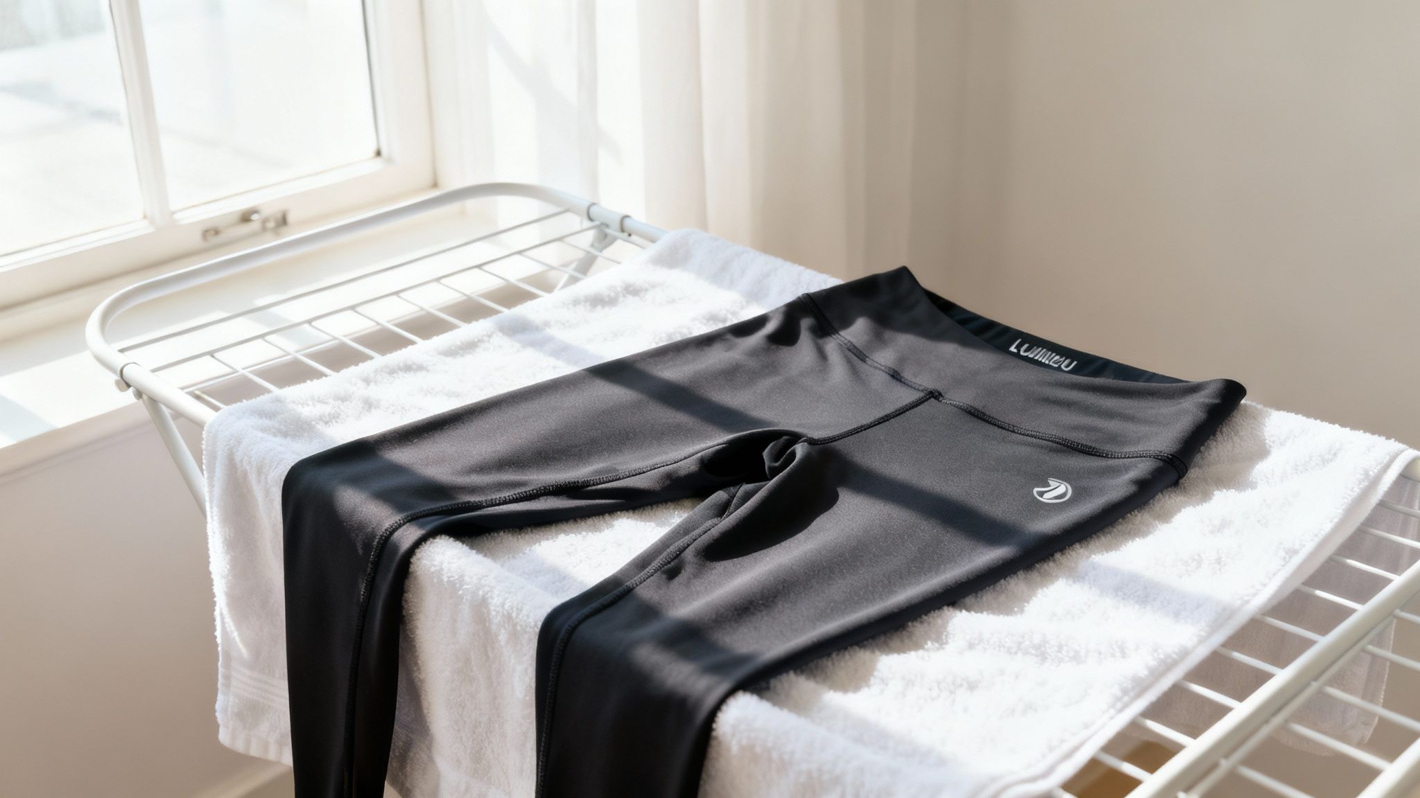 Lululemon leggings and a sports bra hanging to air-dry on a wooden drying rack indoors.