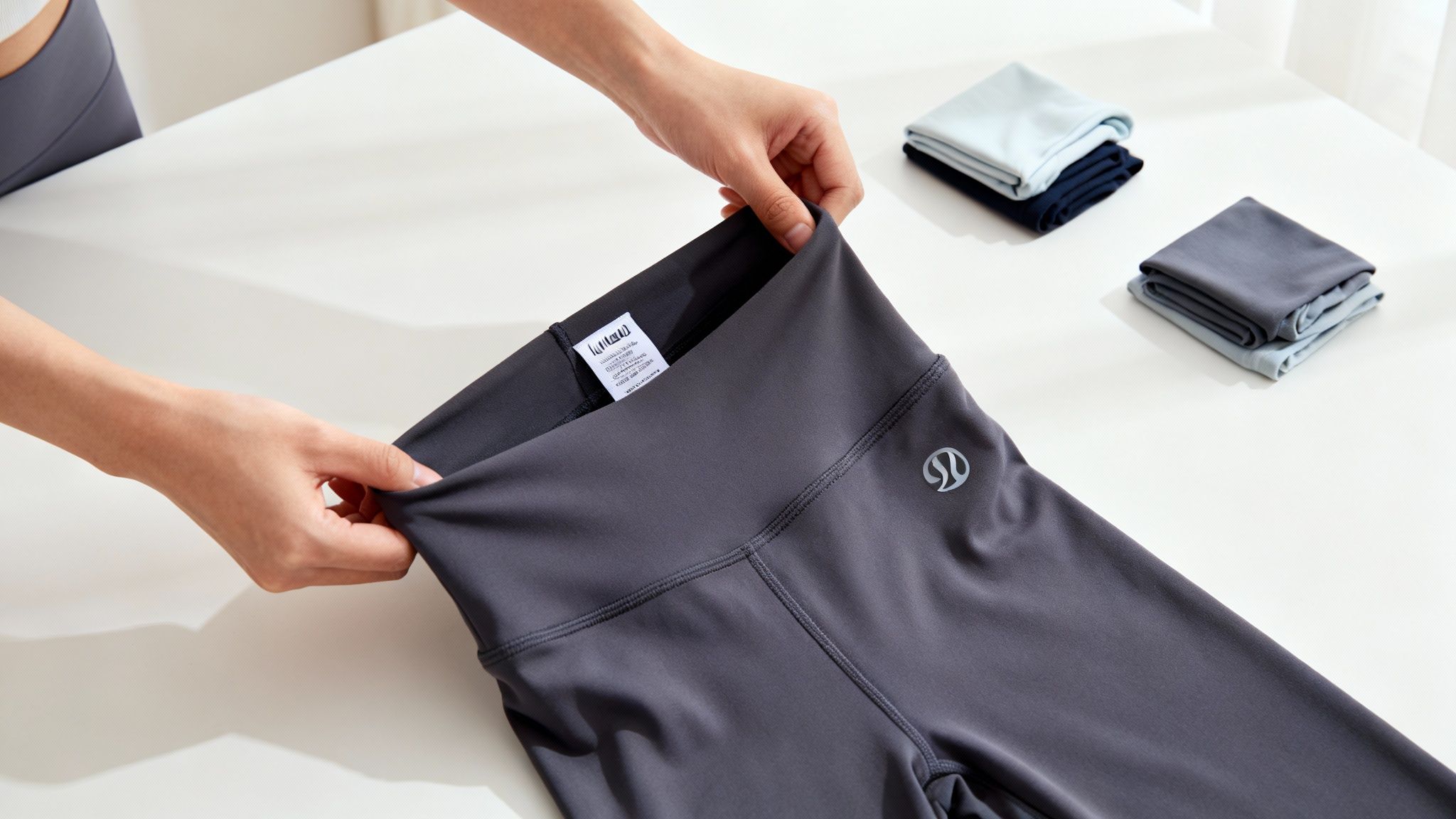 A person sorting colorful Lululemon activewear on a bed before washing.