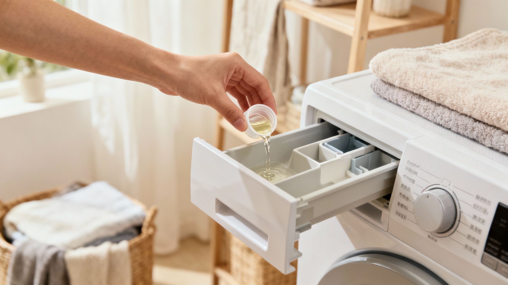 A person pouring liquid fabric softener into a washing machine's dispenser drawer.